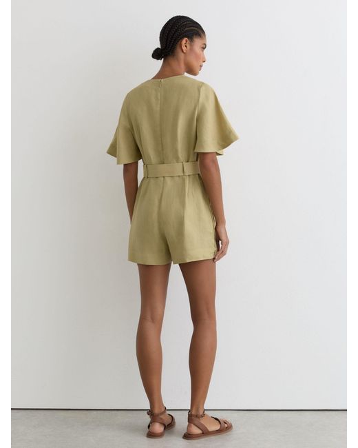 Reiss Sansi - Green Linen Short-sleeve Belted Playsuit, Us 8