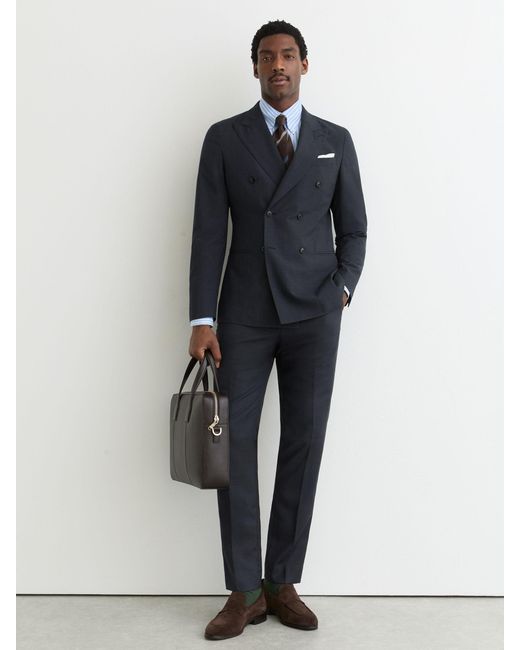 Reiss Blue Tailored Fit Double-Breasted Check Suit Blazer Wool-Blend for men