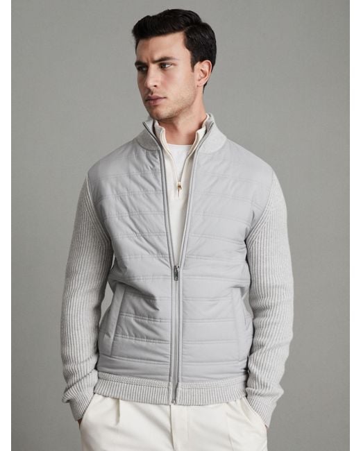 Reiss Gray Trainer - Soft Grey Hybrid Quilt And Knit Zip-through Jacket, L for men