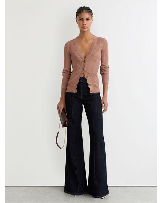 Reiss Natural Rib-Knit Scallop-Trim Cardigan
