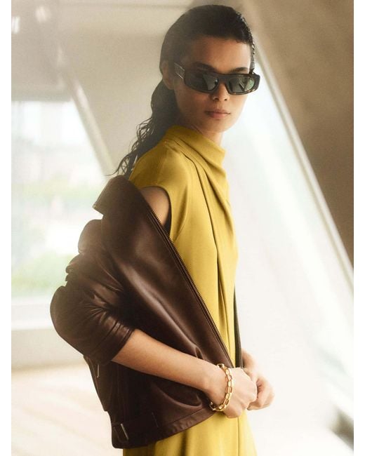 Reiss Brown Leather Zip-Through Moto Jacket