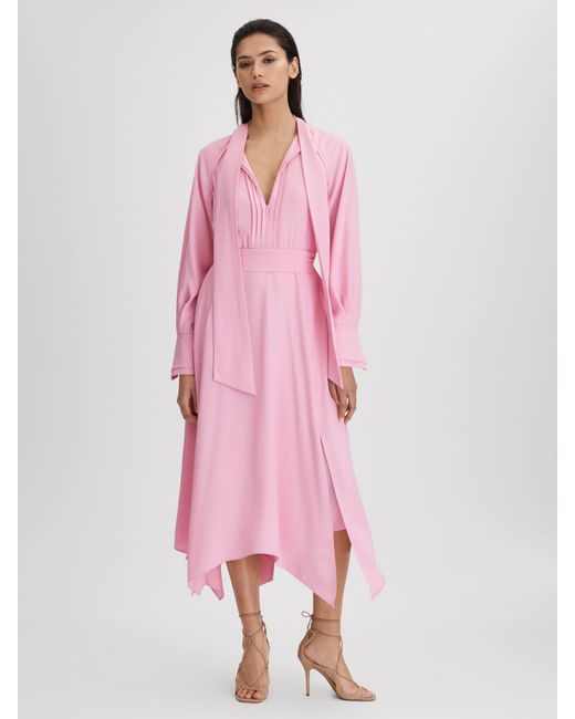 Reiss Pink Tie Neck Zip Front Mini Dress