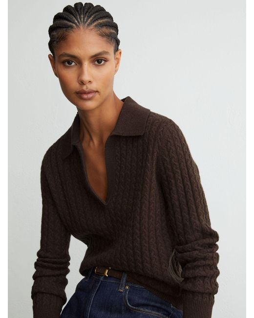 Reiss Black Millie - Grape Burgundy Wool-cashmere Cable-knit Collared Jumper, Xs (us 2)