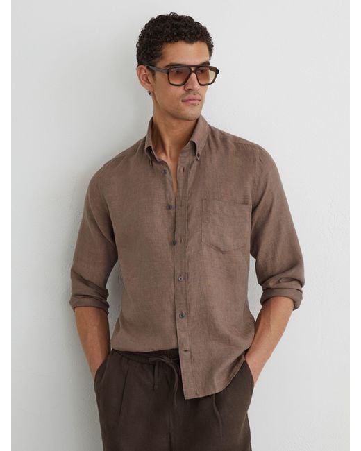 Reiss Multicolor Queens - Espresso Brown Linen Regular-fit Button-down Shirt, S for men