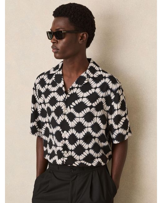 Reiss Black Abstract Floral Print Cuban Shirt for men