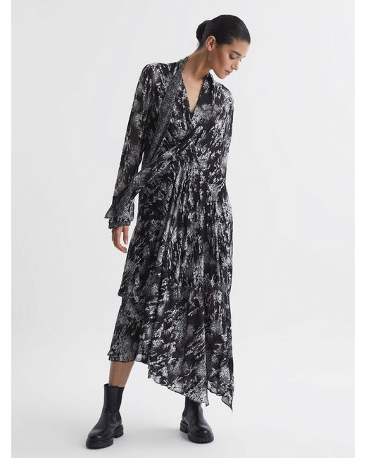 Reiss Callie - Black Belted Ruffle Printed Midi Dress, Us 2