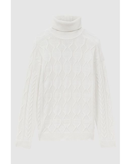 Reiss White Alston - Ecru Cable Knitted Roll Neck Jumper for men