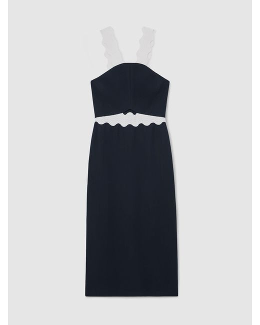 Reiss White Contrast Wave-Trim Fitted Midi Dress