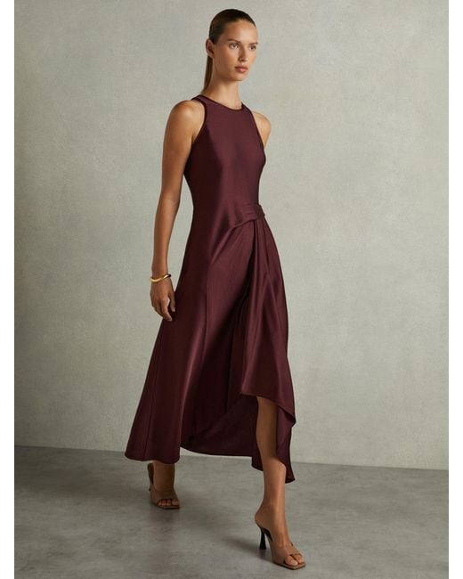 Reiss Micah - Burgundy Satin Drape Tuck Midi Dress, Us 0 in