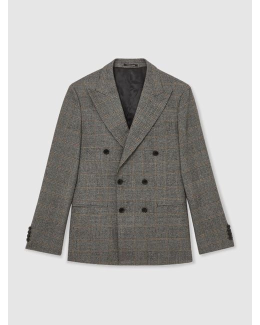 Reiss Gray Wool Double-Breasted Check Tailored-Fit Suit Blazer for men