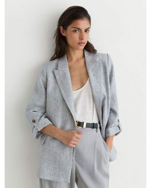 Reiss Gray Linen-Blend Textured Double-Breasted Blazer