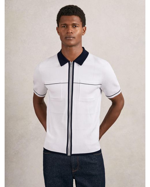 Reiss Blue Compact-Knit Tipped Zip-Through Shirt for men