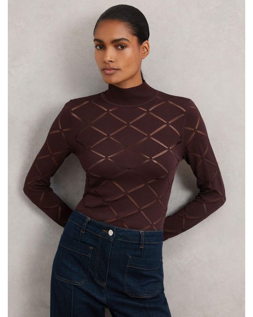 Reiss Brown Laser-Cut Funnel-Neck Knit Top