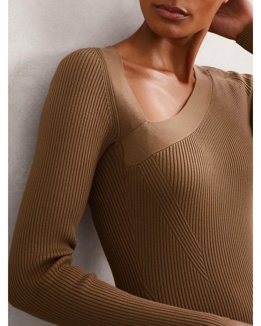 Reiss Brown Asymmetric-Neck Rib-Knit Midi Dress