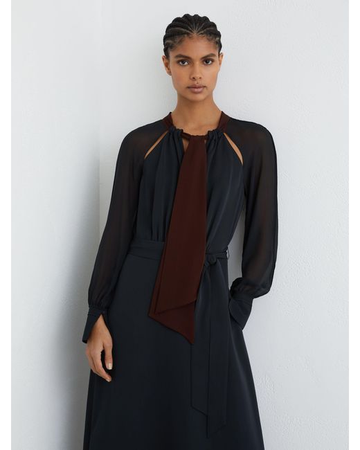 Reiss Black Burgundy Tie-Neck Belted Midi Dress