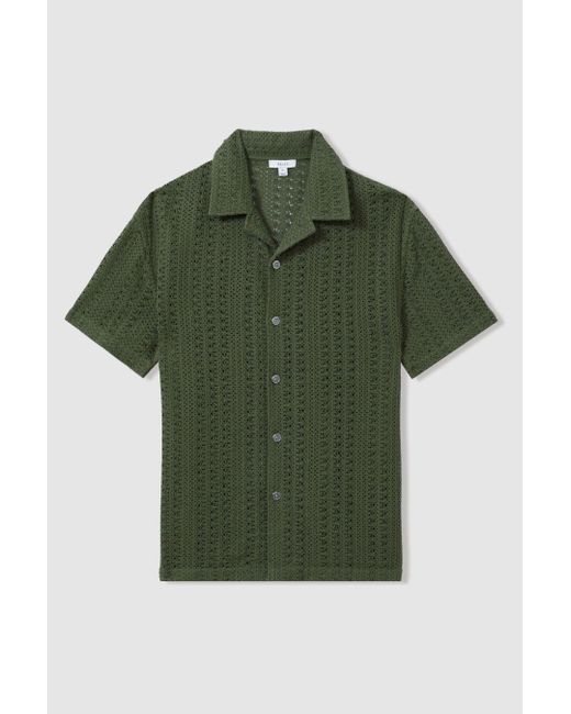 Reiss Paradise - Olive Green Cotton Crochet Cuban Collar Shirt for men