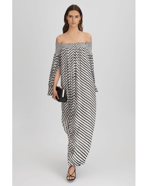 Reiss Gray Fabia Bardot Striped Woven Maxi Dress