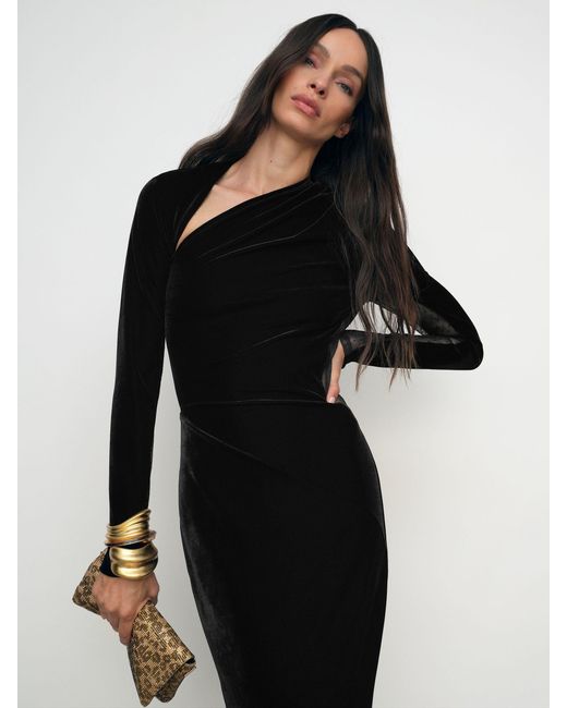 Reiss Black Velvet Sheer-Panel Cut-Out Midi Dress