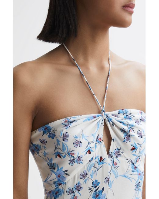 Reiss Blue Sophia - White Floral Print Halter Neck Midi Dress, Us 8