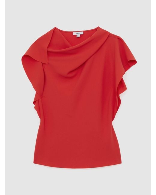Reiss Red Asymmetric Drape-Neck Top