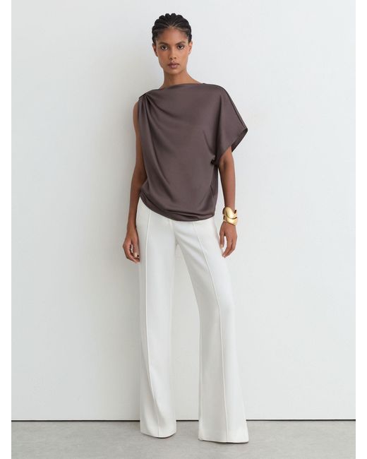 Reiss Brown Satin Draped One-Shoulder Top
