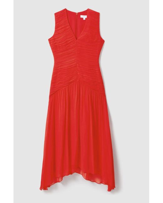 Reiss Red Saffy - Coral Petite Ruched Bodycon Midi Dress