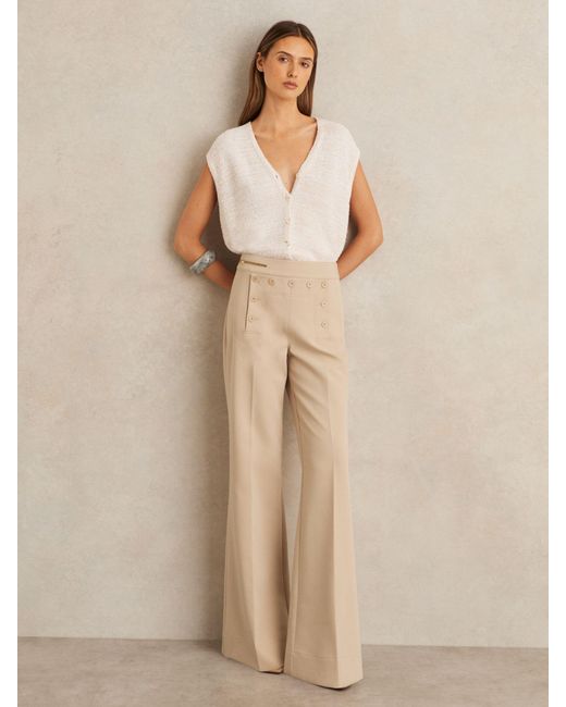 Reiss Natural Button-Detail Wide-Leg Trousers