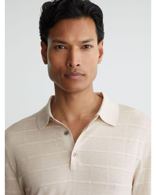 Reiss White Pallas - Ecru Check-texture Long-sleeve Polo Jumper With Wool, Xxl for men