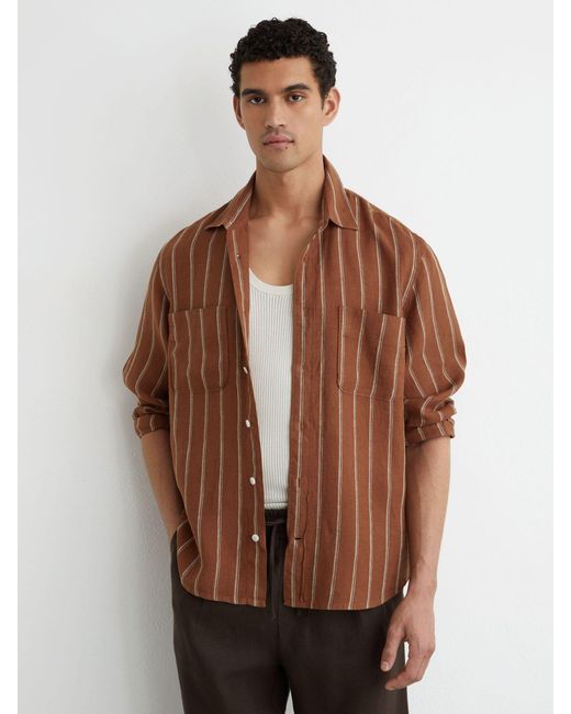 Reiss Brown Tobacco & Linen Striped Regular-Fit Shirt for men
