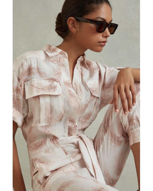 Reiss Natural Kaia - Blush Linen Tropical Print Belted Jumpsuit