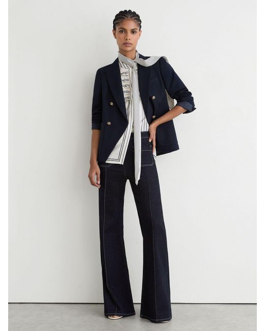 Reiss White Striped Ruffle-Trim Tie-Neck Blouse
