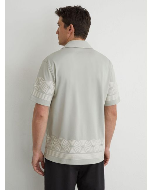 Reiss Gray Arden Cotton-Blend Embroidered Cuban-Collar Shirt for men