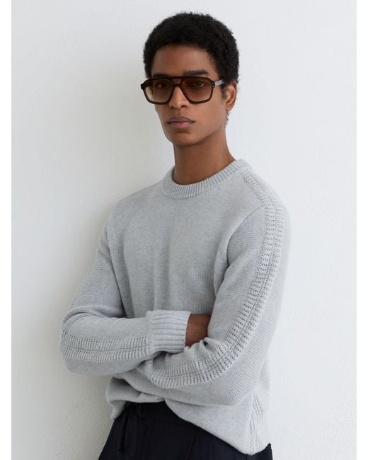 Reiss Gray Wool-Blend Rib-Detail Crew-Neck Jumper for men
