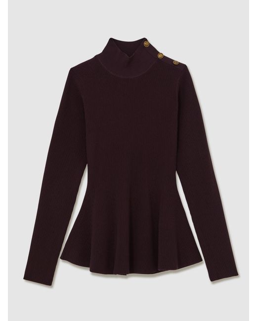 Reiss Blue Rib-Knit High-Neck Peplum Top
