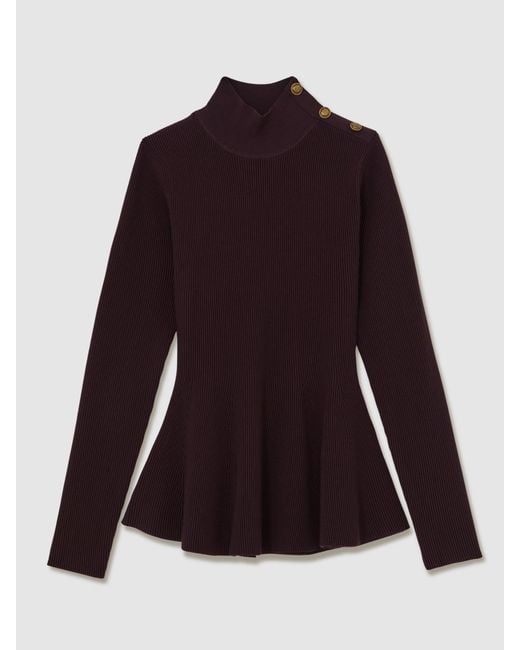 Reiss Blue Rib-Knit High-Neck Peplum Top