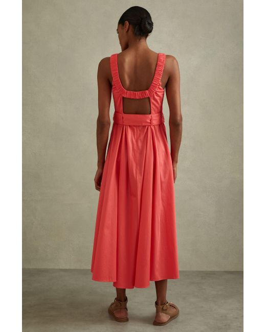 Reiss Red Liza - Coral Cotton Ruched Strap Belted Midi Dress