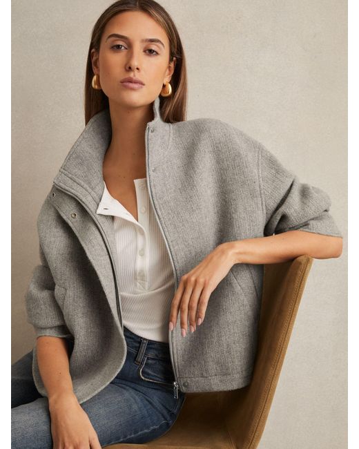 Reiss Gray Wool Funnel-Neck Bomber Jacket