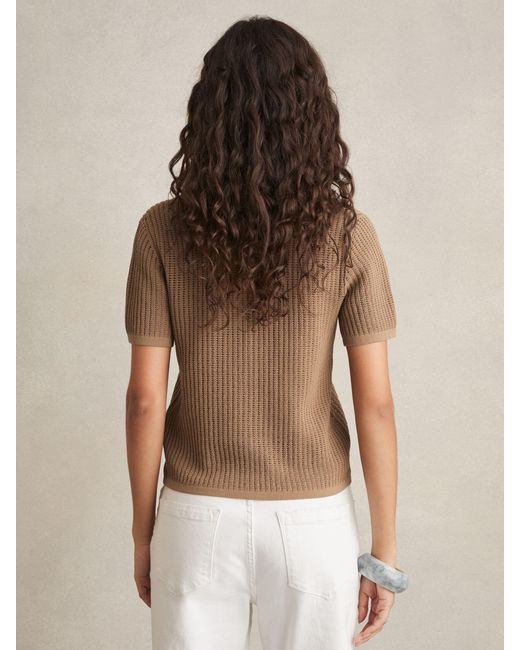 Reiss Brown Evi - Tan Cotton-blend Open-knit Polo Shirt, Xs (us 2)