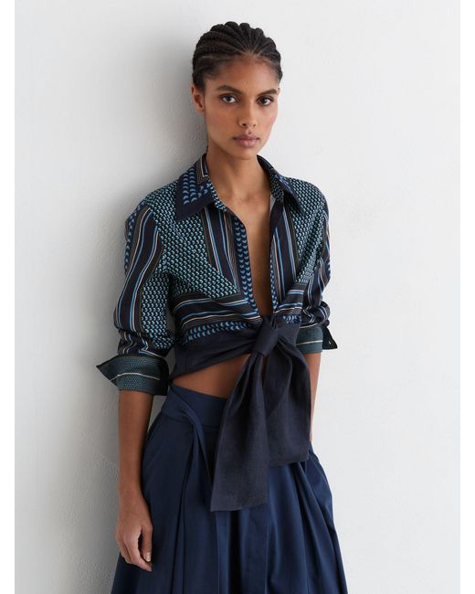 Reiss Blue Linen Scarf-Print Tie-Front Shirt