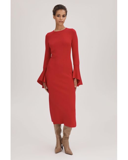 Florere Red Fitted Fluted Cuff Midi Dress