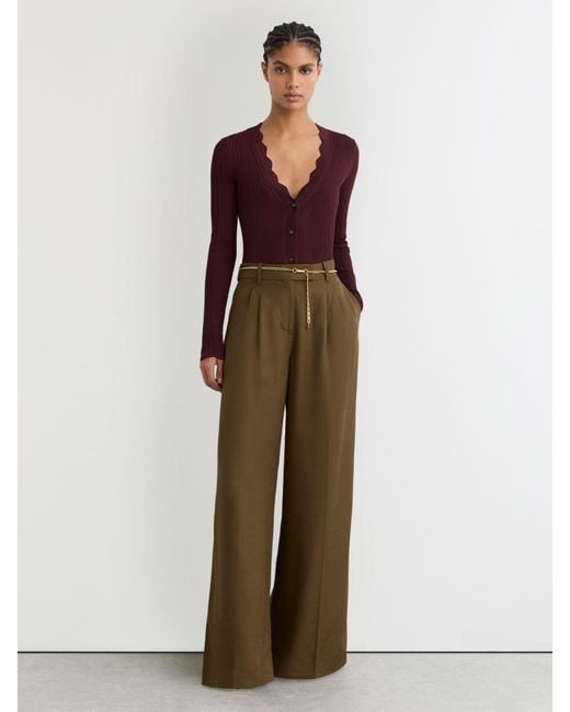 Reiss Red Rib-Knit Scallop-Trim Cardigan