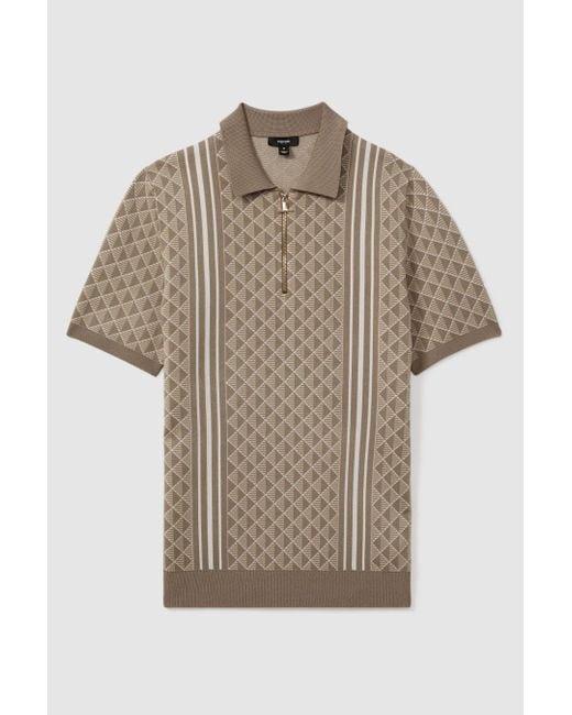 Reiss Brown Sanderson - Oatmeal Half-zip Diamond Stitch Polo Shirt, Xs for men