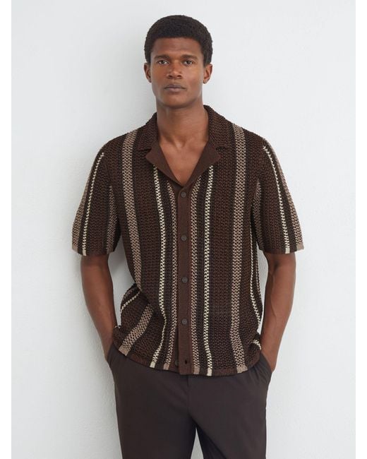 Reiss Brown Crochet Stripe Cuban-Collar Shirt for men