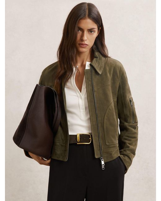 Reiss Green Tate Suede Zip-Through Jacket
