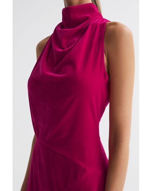 Reiss Red Giannon - Pink Velvet Funnel Neck Asymmetric Midi Dress