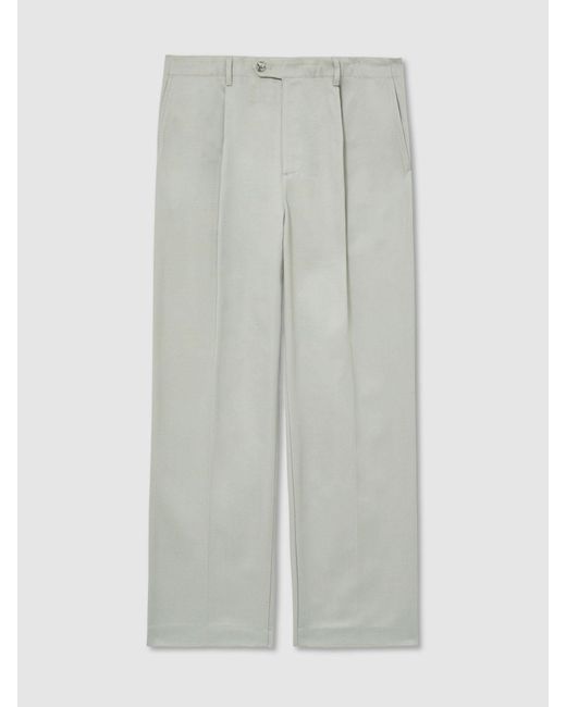 Reiss White Cotton Slub Pleated Relaxed-Fit Trousers for men