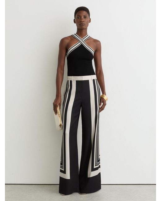 Reiss White Contrast-Neckline Rib-Knit Top