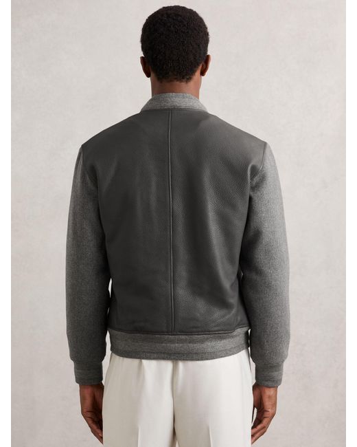 Reiss Gray Leather Contrast-Sleeve Bomber Jacket for men