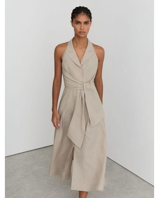 Reiss Natural Tara - Neutral Petite Linen Tie-waist Tailored Midi Dress, Us 12