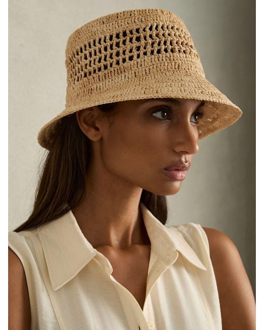 Reiss Natural Ramona Bucket Hat Straw Plain, Size: M & L